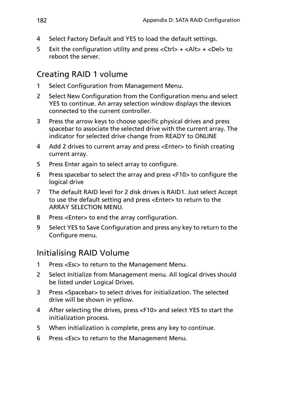 Creating raid 1 volume, Initialising raid volume | Acer Altos R510 User Manual | Page 194 / 198