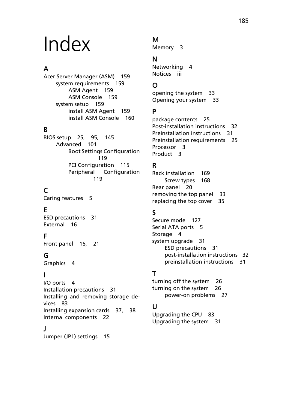 Index, Index 185 | Acer Altos R510 User Manual | Page 197 / 198