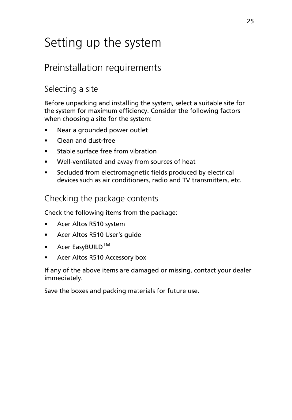 Setting up the system, Preinstallation requirements, Selecting a site | Checking the package contents | Acer Altos R510 User Manual | Page 37 / 198