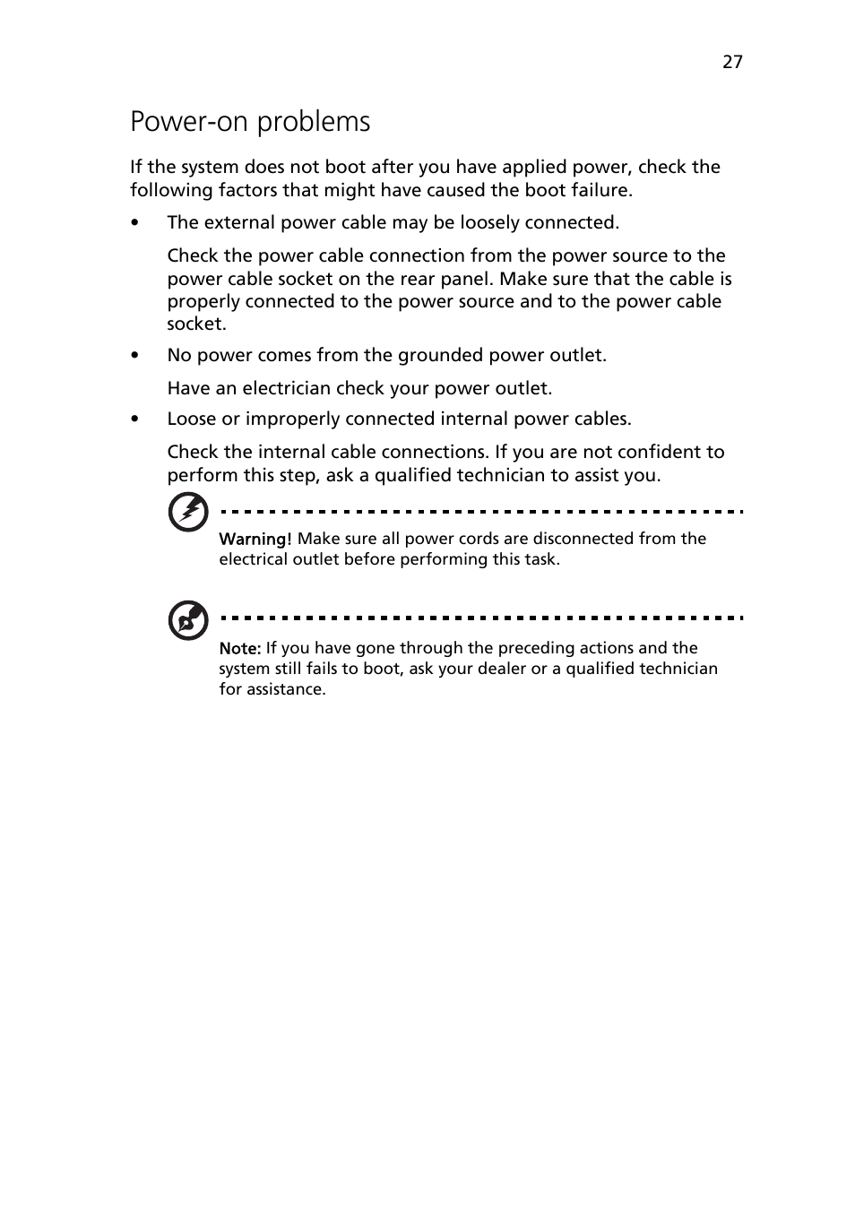 Power-on problems | Acer Altos R510 User Manual | Page 39 / 198