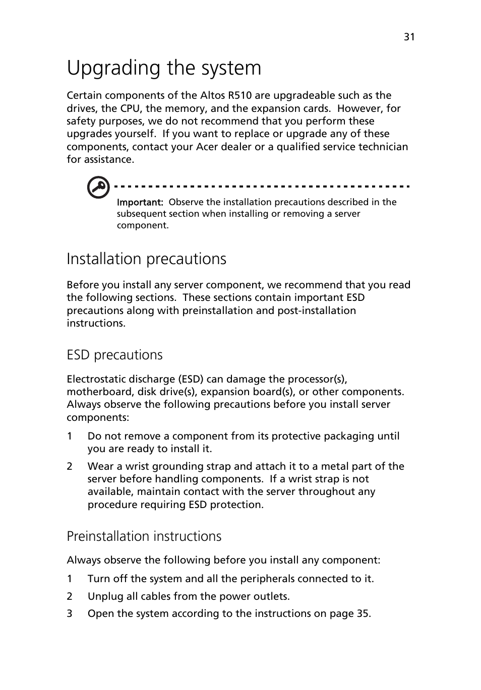 Upgrading the system, Installation precautions, Esd precautions | Preinstallation instructions | Acer Altos R510 User Manual | Page 43 / 198