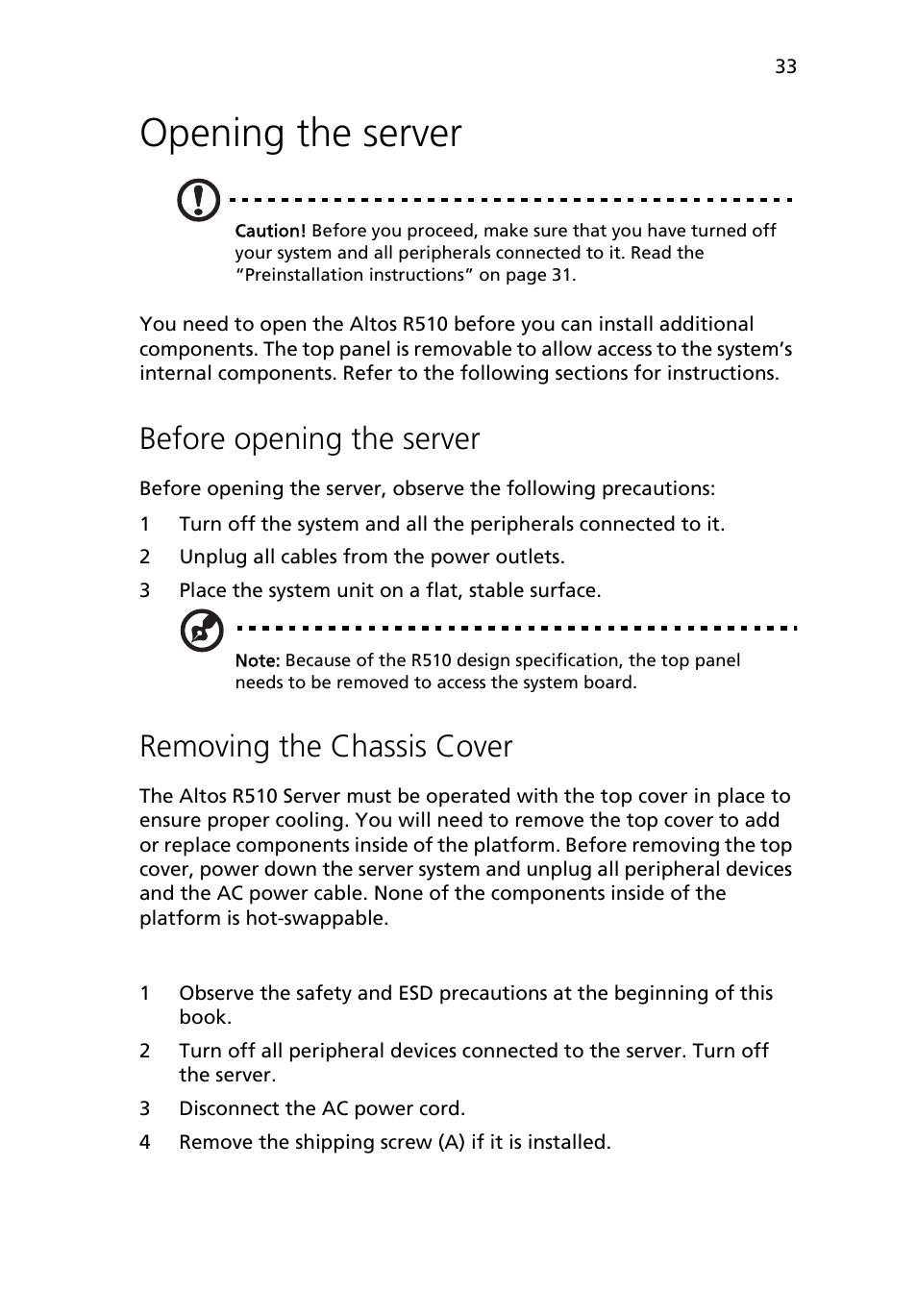 Opening the server, Before opening the server, Removing the chassis cover | Acer Altos R510 User Manual | Page 45 / 198