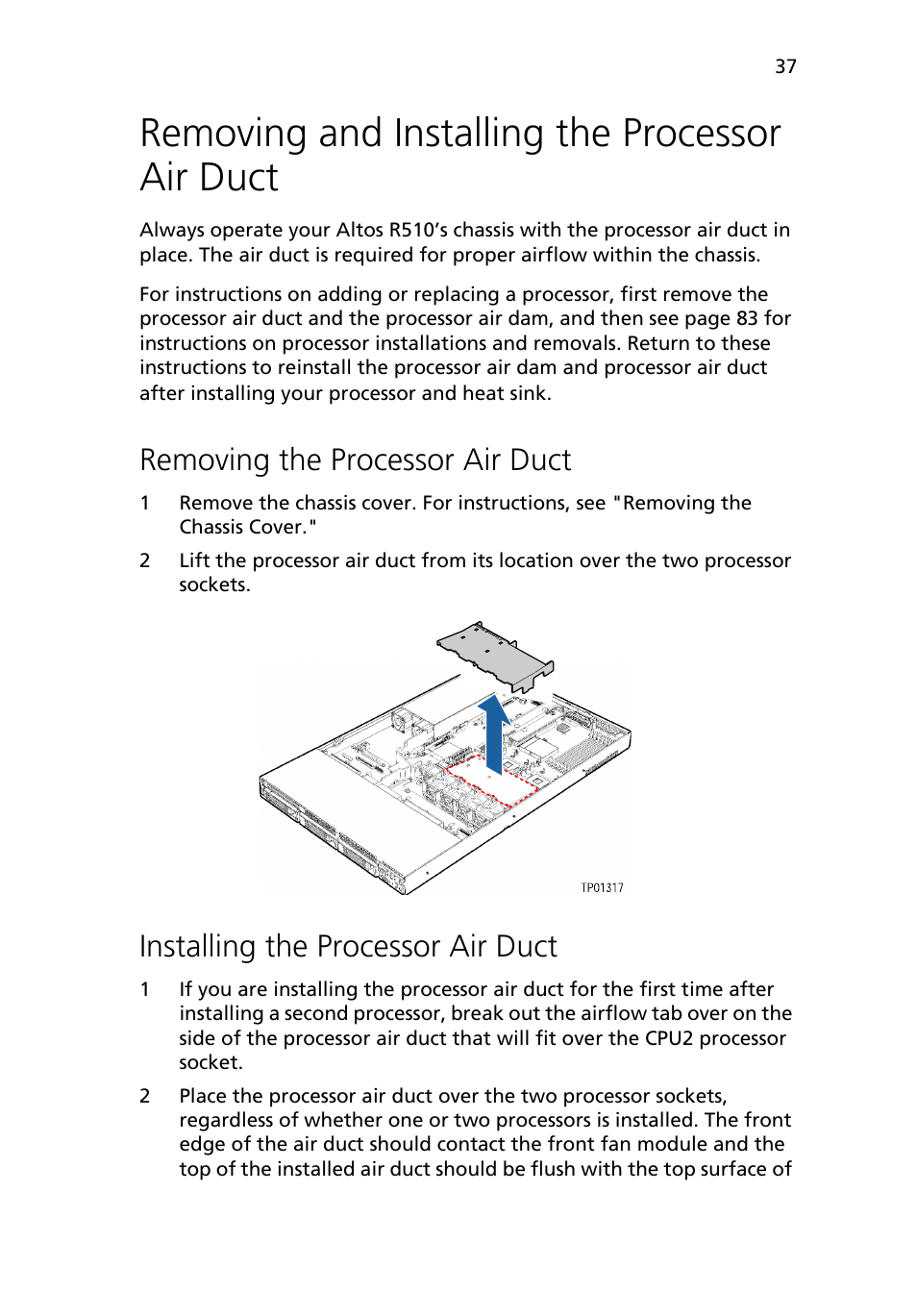 Removing and installing the processor air duct, Removing the processor air duct, Installing the processor air duct | Acer Altos R510 User Manual | Page 49 / 198