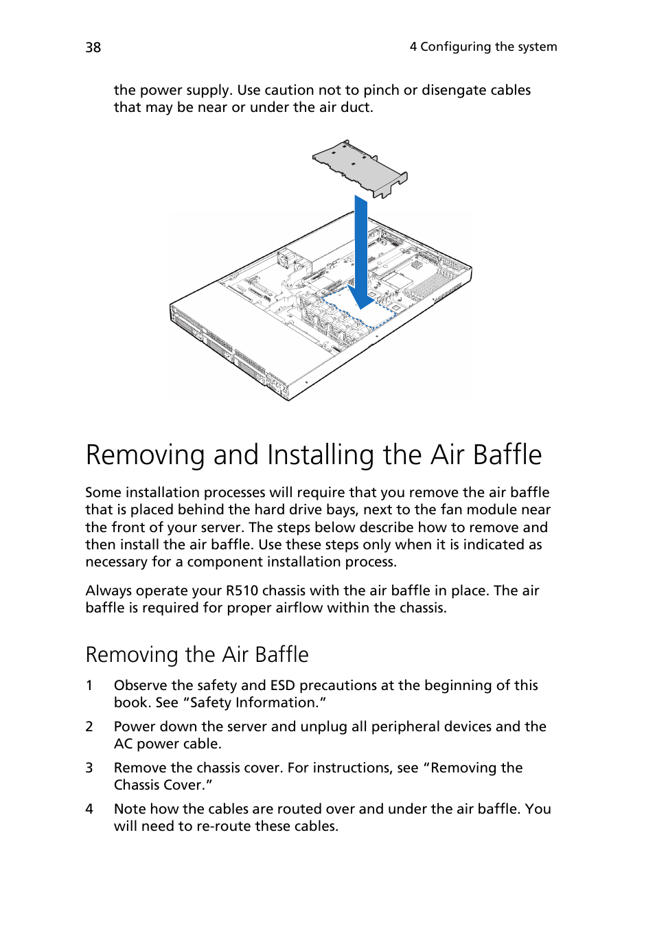 Removing and installing the air baffle, Removing the air baffle | Acer Altos R510 User Manual | Page 50 / 198