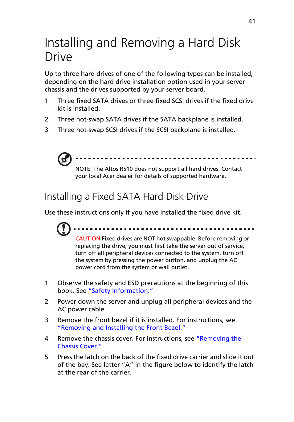 Installing and removing a hard disk drive, Installing a fixed sata hard disk drive | Acer Altos R510 User Manual | Page 53 / 198