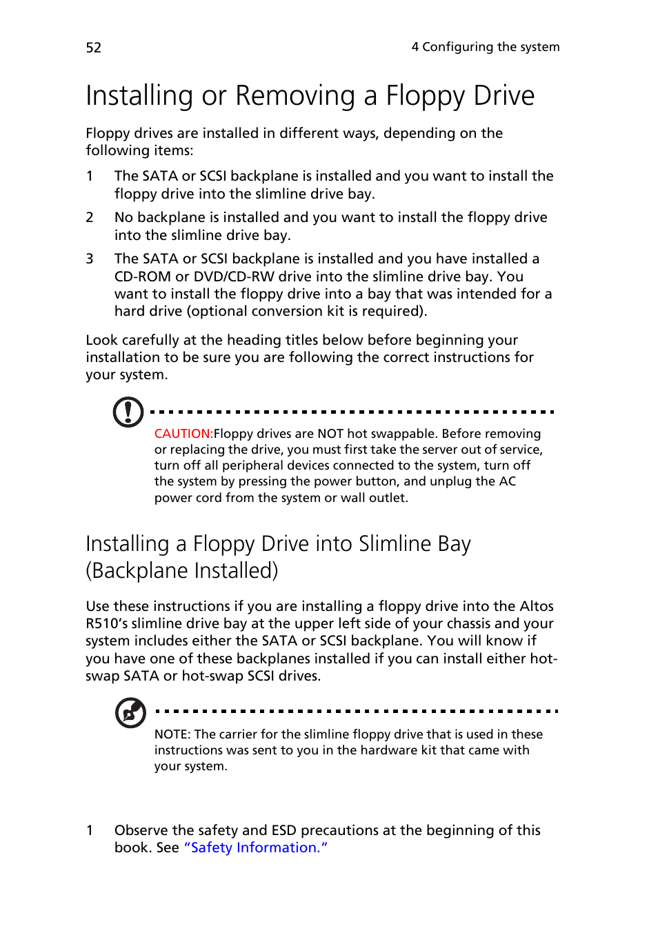 Installing or removing a floppy drive | Acer Altos R510 User Manual | Page 64 / 198