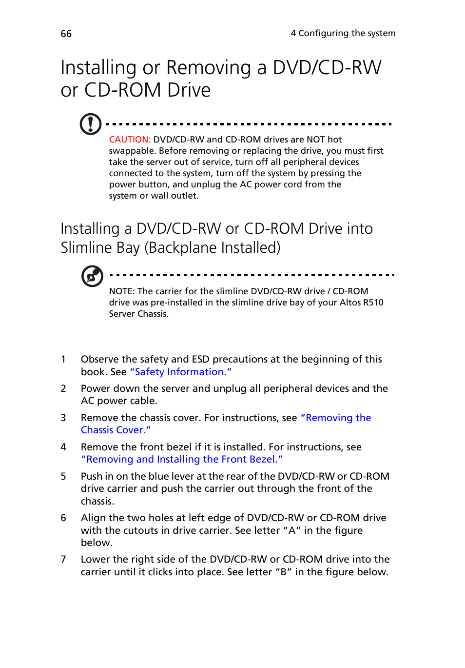 Installing or removing a dvd/cd-rw or cd-rom drive | Acer Altos R510 User Manual | Page 78 / 198