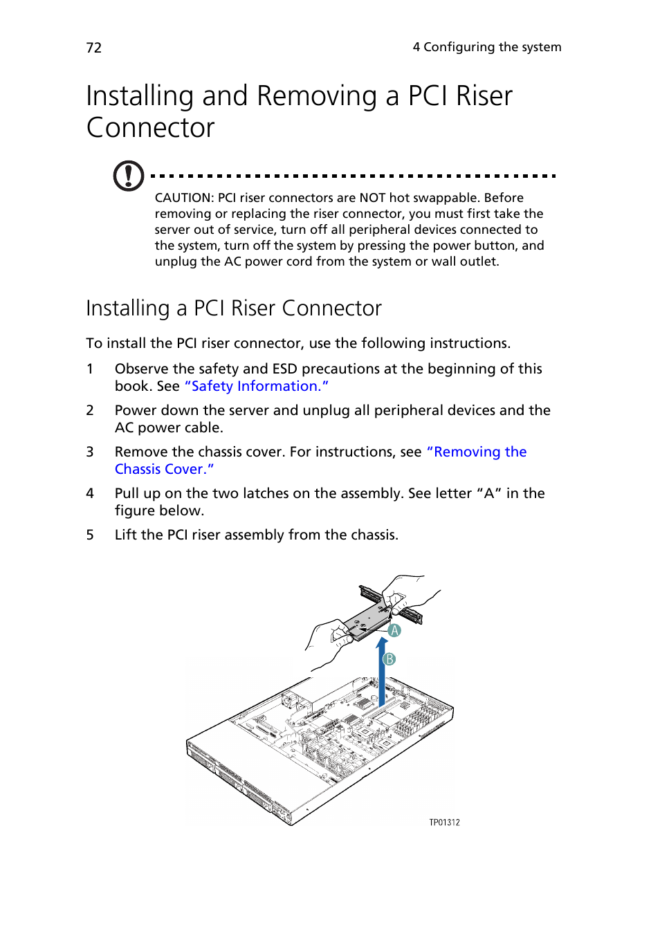 Installing and removing a pci riser connector, Installing a pci riser connector | Acer Altos R510 User Manual | Page 84 / 198