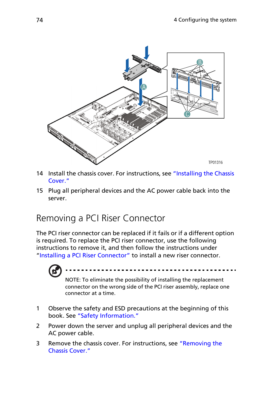 Removing a pci riser connector | Acer Altos R510 User Manual | Page 86 / 198