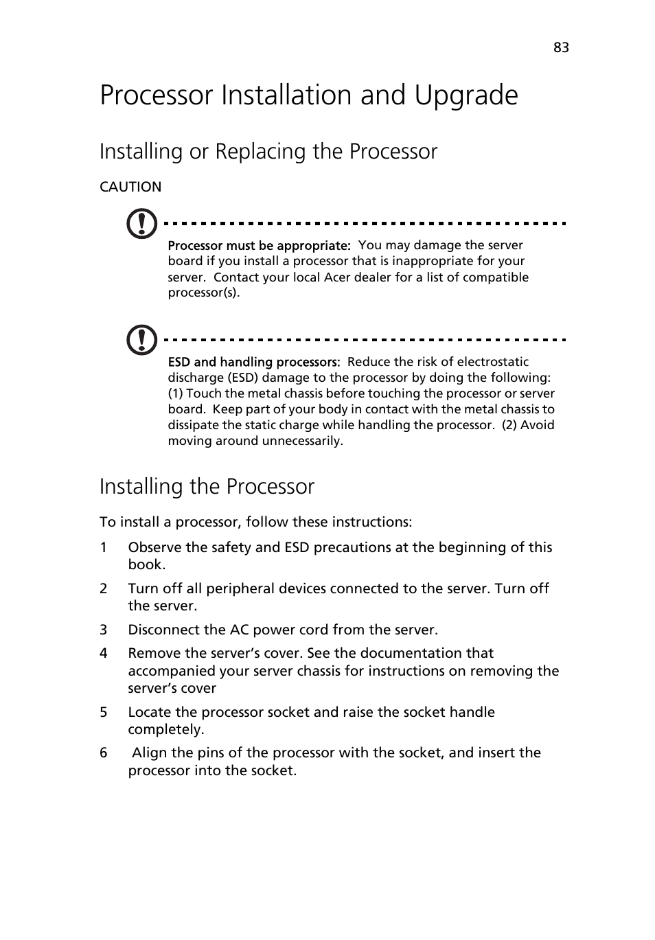 Processor installation and upgrade, Installing or replacing the processor, Installing the processor | Acer Altos R510 User Manual | Page 95 / 198