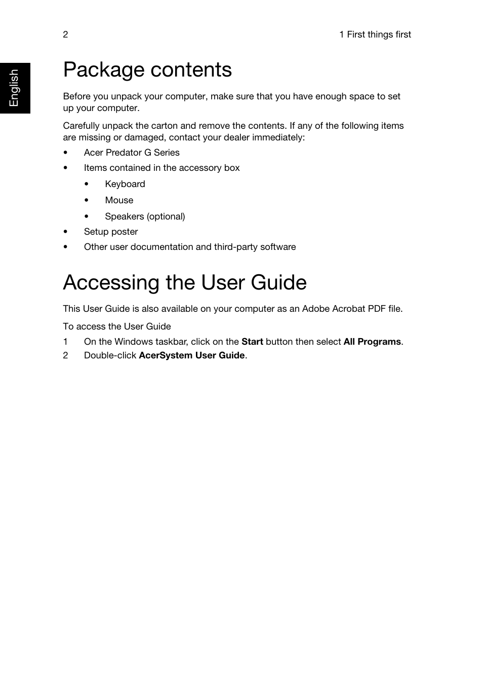 Package contents, Accessing the user guide | Acer Predator G3620 User Manual | Page 12 / 52