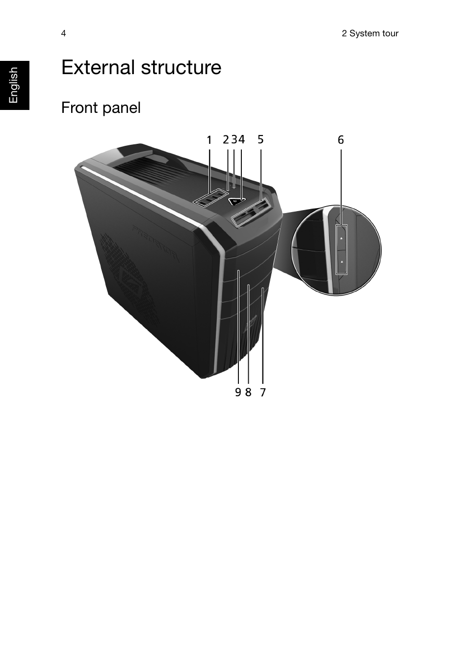 External structure, Front panel | Acer Predator G3620 User Manual | Page 14 / 52