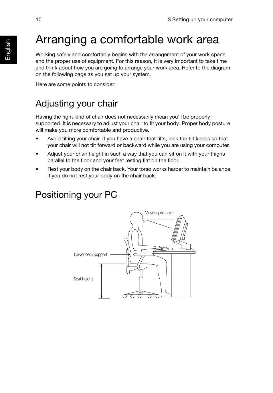 Arranging a comfortable work area, Adjusting your chair, Positioning your pc | Acer Predator G3620 User Manual | Page 20 / 52