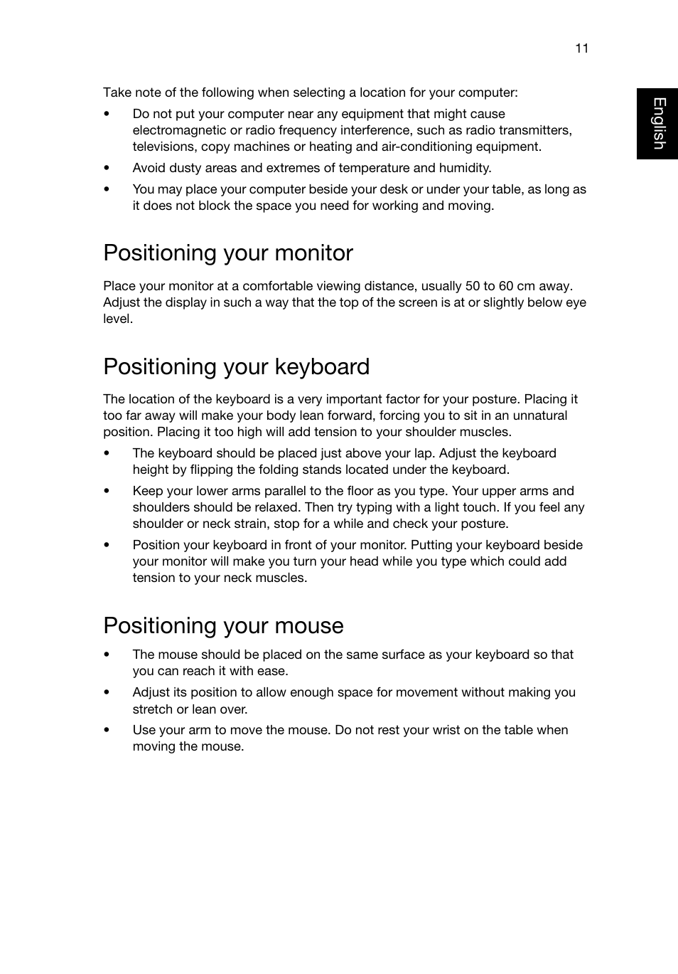 Positioning your monitor, Positioning your keyboard, Positioning your mouse | Acer Predator G3620 User Manual | Page 21 / 52