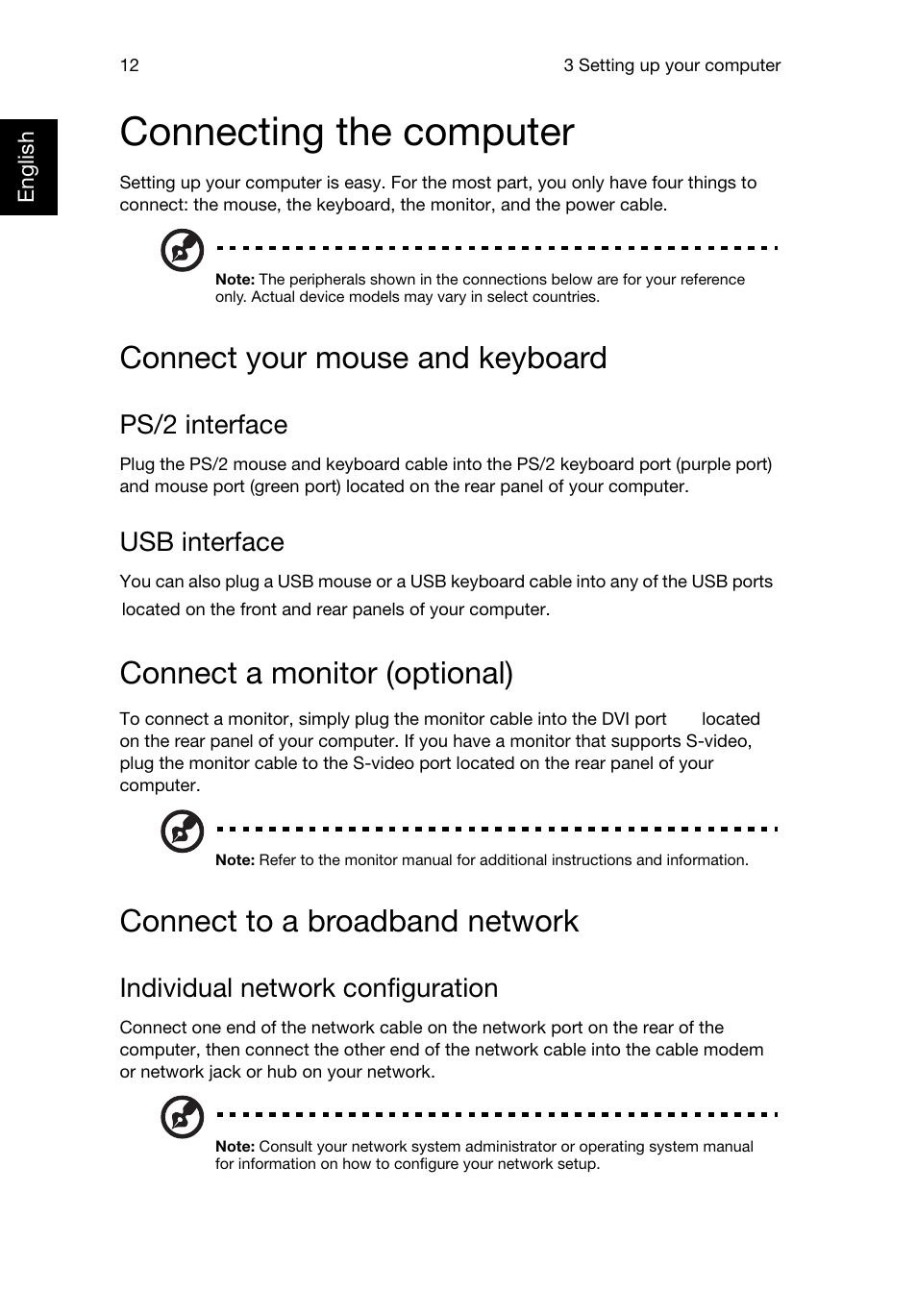 Connecting the computer, Connect your mouse and keyboard, Connect a monitor (optional) | Connect to a broadband network, Ps/2 interface, Usb interface, Individual network configuration | Acer Predator G3620 User Manual | Page 22 / 52