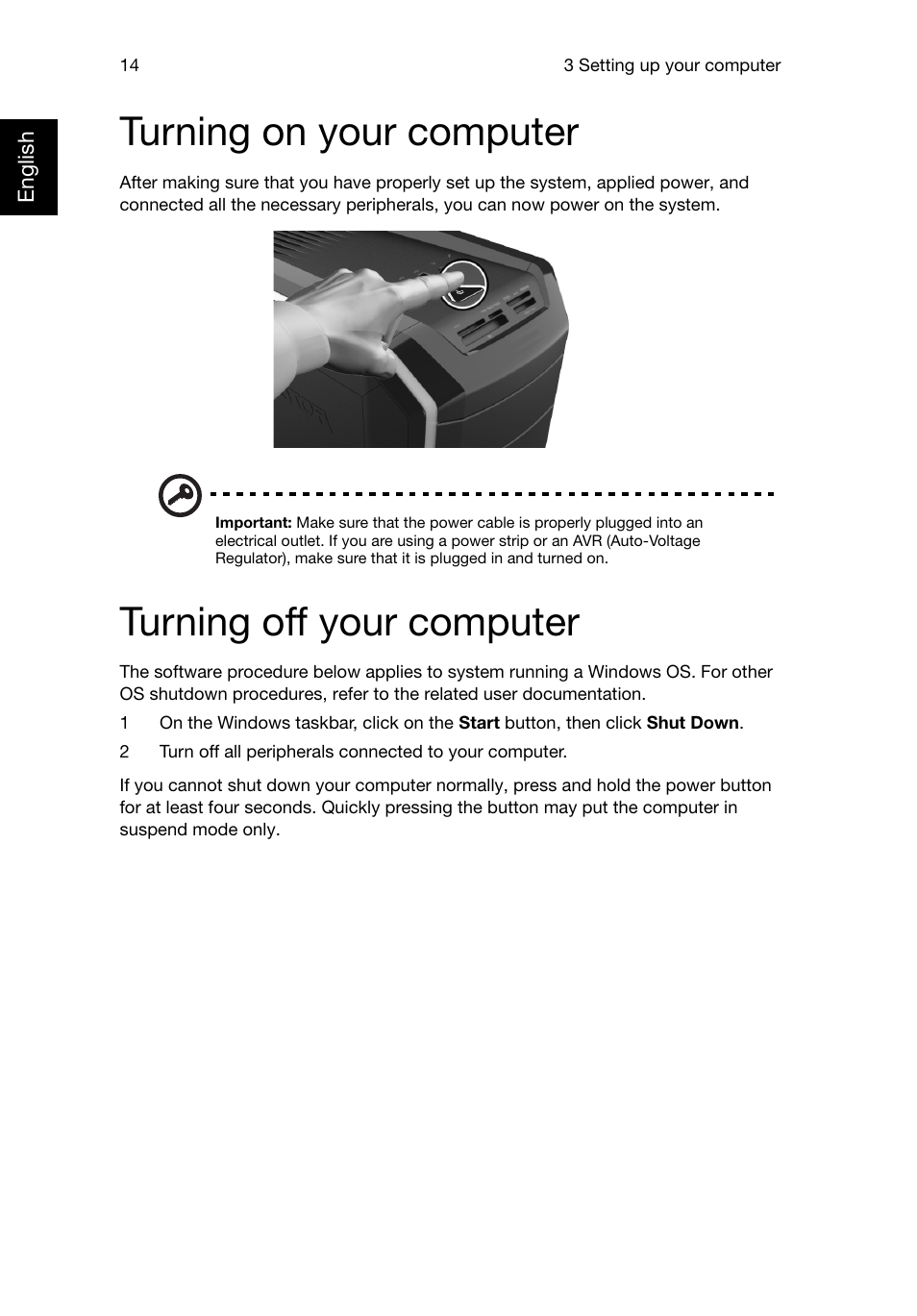 Turning on your computer, Turning off your computer | Acer Predator G3620 User Manual | Page 24 / 52