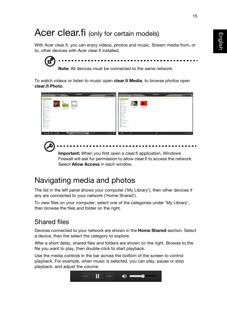 Acer clear.fi (only for certain models), Navigating media and photos, Shared files | Acer clear.fi, Only for certain models) | Acer Predator G3620 User Manual | Page 25 / 52