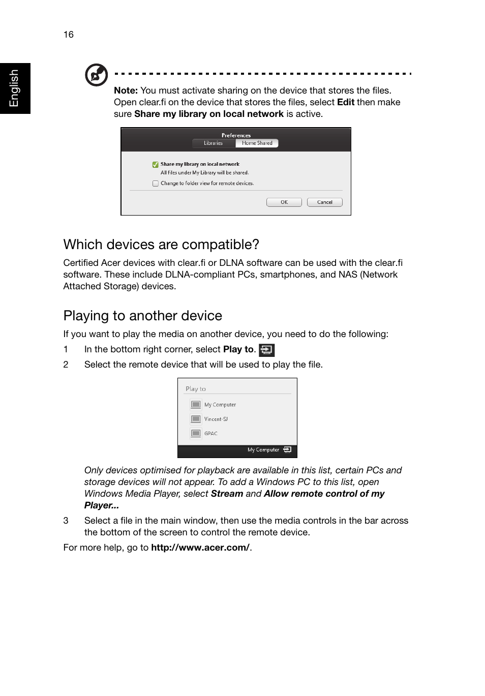 Which devices are compatible, Playing to another device | Acer Predator G3620 User Manual | Page 26 / 52