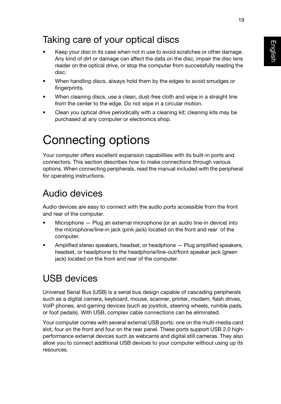 Taking care of your optical discs, Connecting options, Audio devices | Usb devices | Acer Predator G3620 User Manual | Page 29 / 52