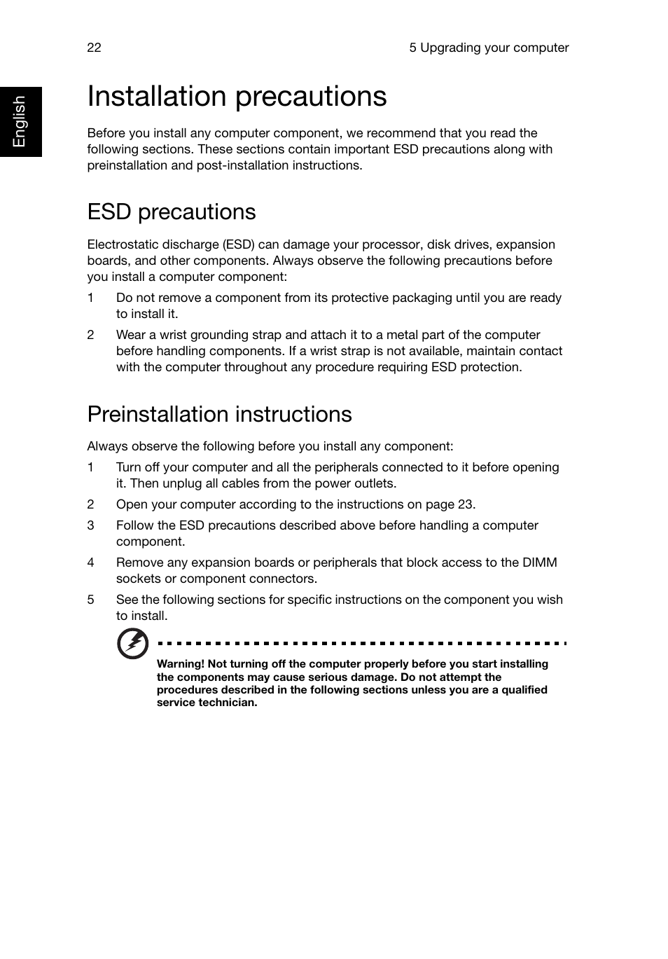 Installation precautions, Esd precautions, Preinstallation instructions | Acer Predator G3620 User Manual | Page 32 / 52