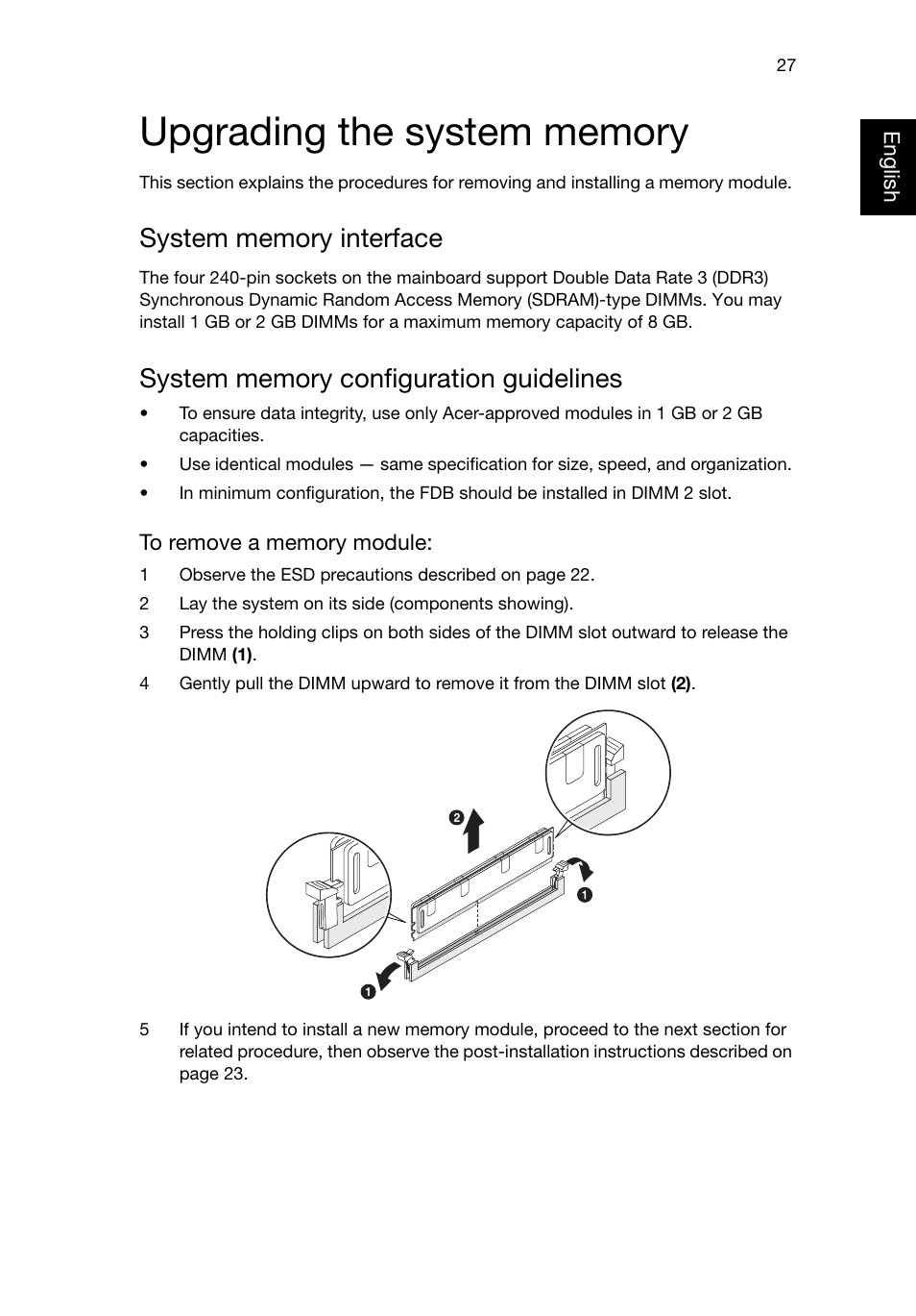 Upgrading the system memory, System memory interface, System memory configuration guidelines | Acer Predator G3620 User Manual | Page 37 / 52