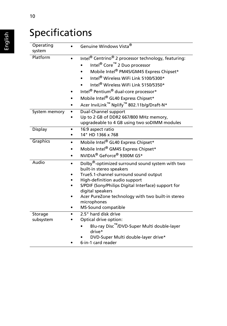 Specifications, English | Acer Aspire 4935G User Manual | Page 10 / 12