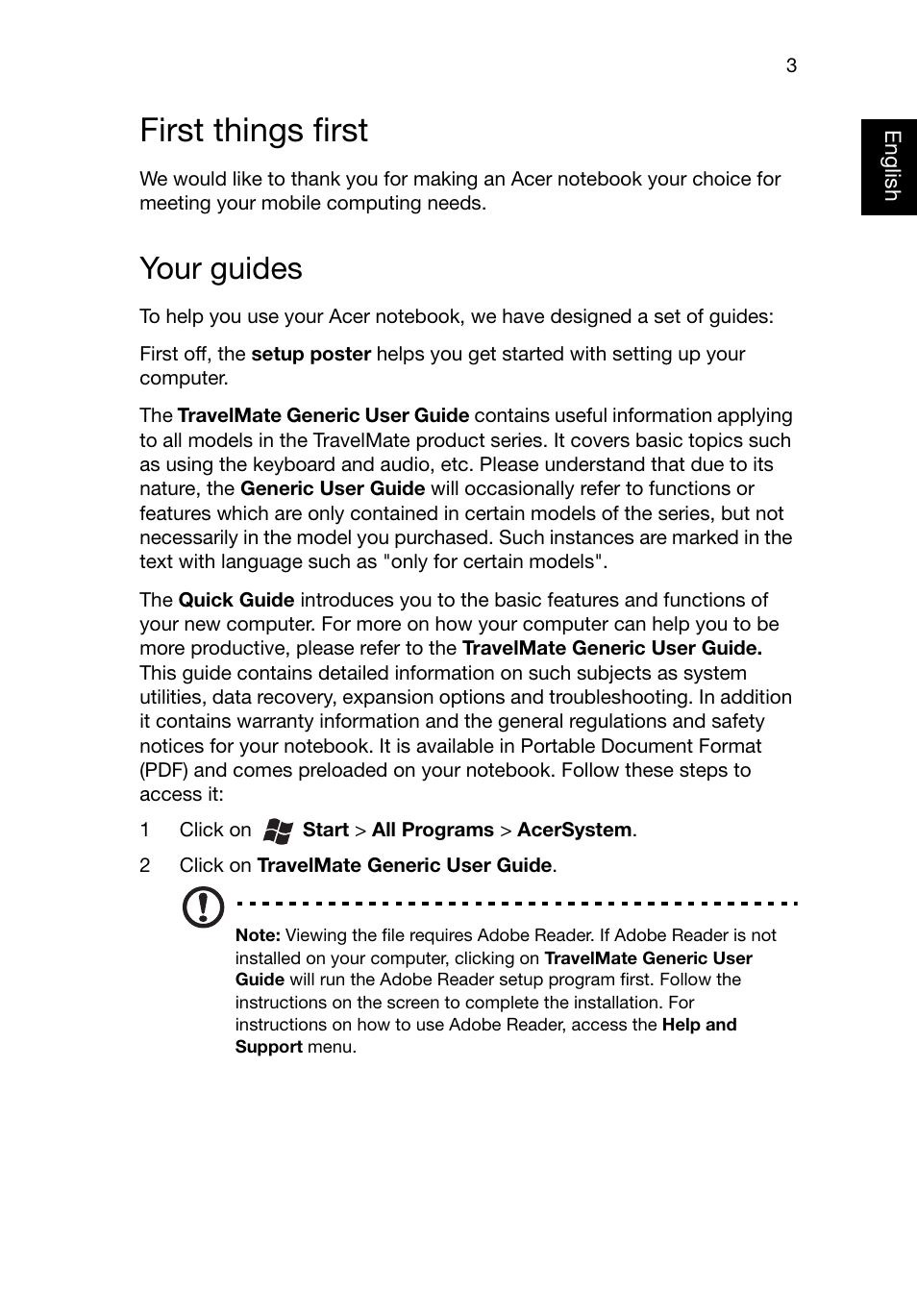 First things first, Your guides | Acer TravelMate B113-M User Manual | Page 3 / 9