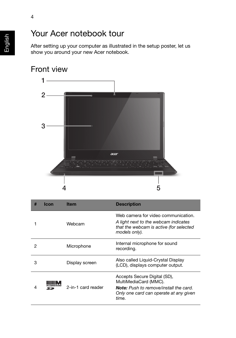 Your acer notebook tour, Front view | Acer TravelMate B113-M User Manual | Page 4 / 9