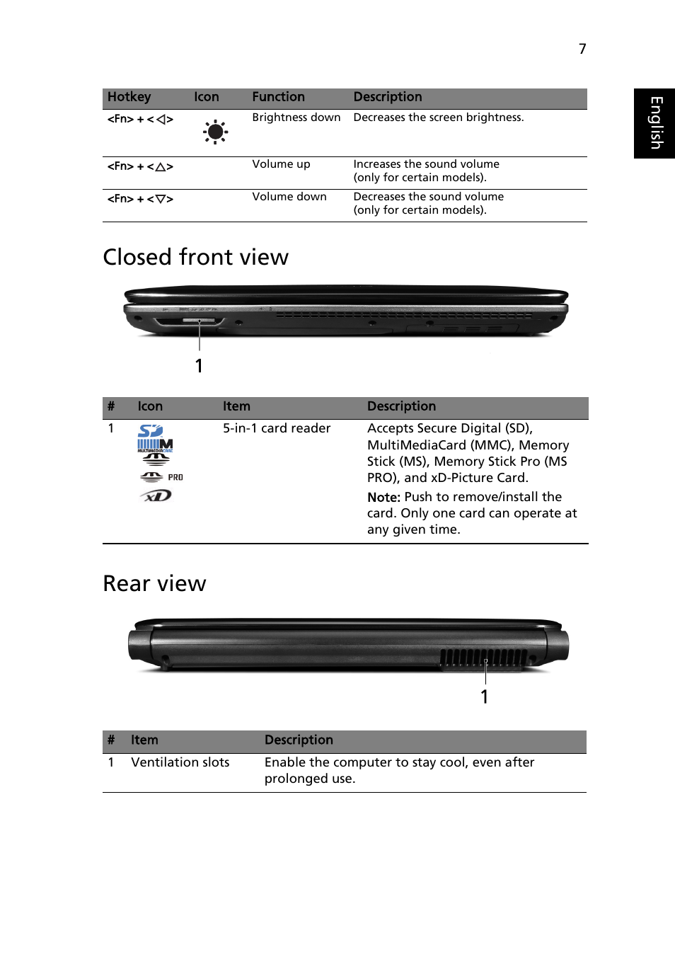 Closed front view, Rear view, Closed front view rear view | Acer Aspire 4736G User Manual | Page 7 / 13