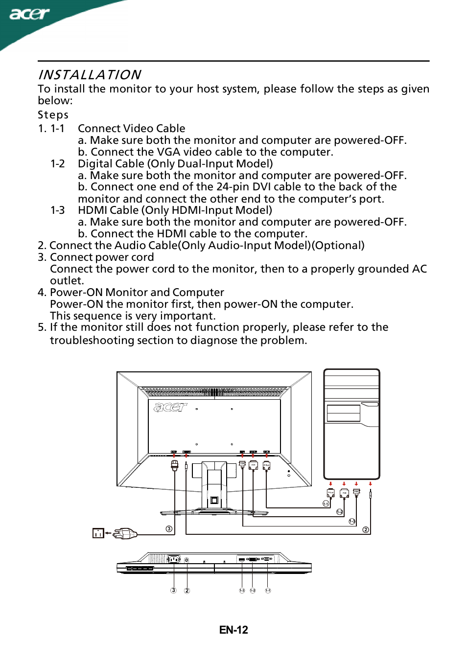 Installation, En-12 | Acer G245HQ User Manual | Page 13 / 23