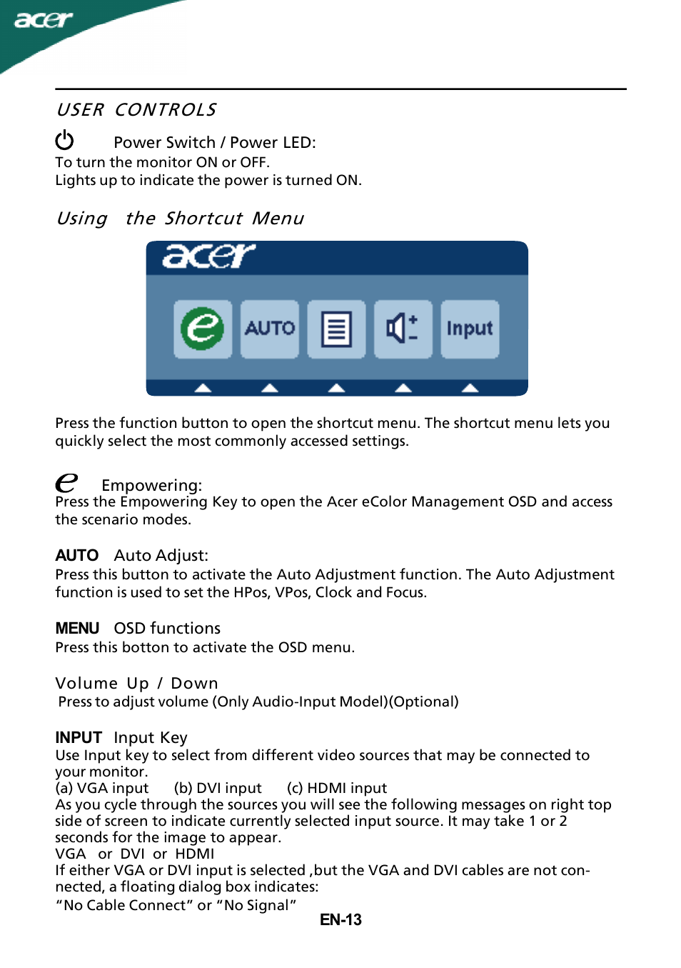 User controls, Using the shortcut menu | Acer G245HQ User Manual | Page 14 / 23