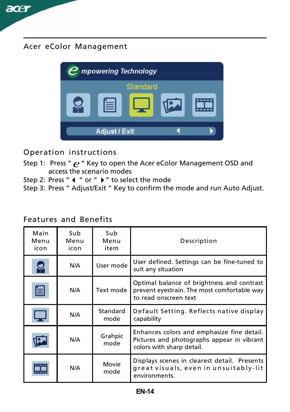 Acer ecolor management operation instructions, Features and benefits | Acer G245HQ User Manual | Page 15 / 23