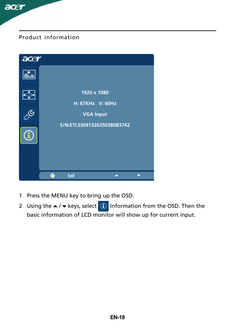 Acer G245HQ User Manual | Page 19 / 23