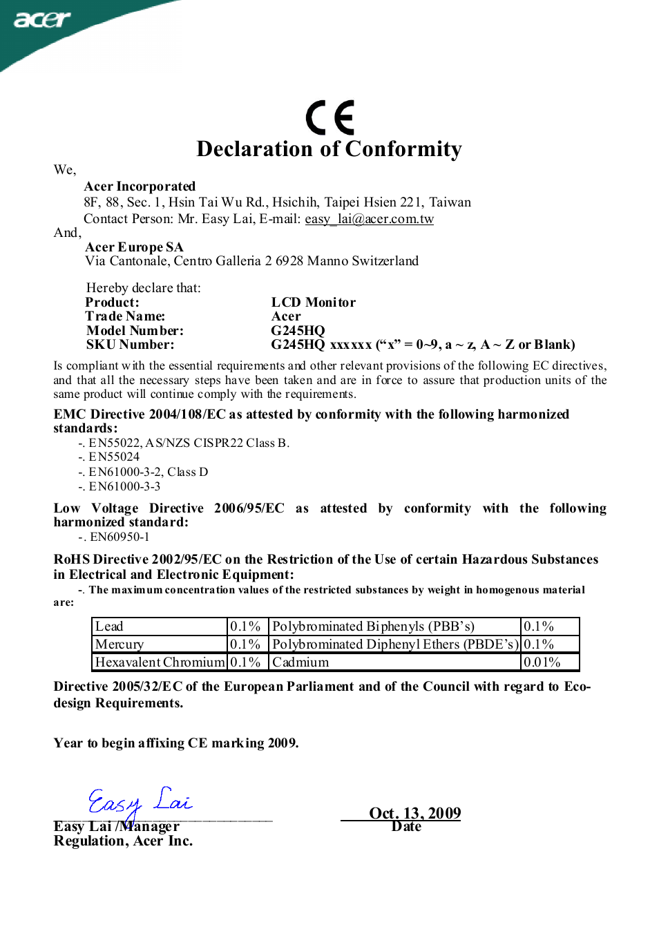 Declaration of conformity | Acer G245HQ User Manual | Page 22 / 23