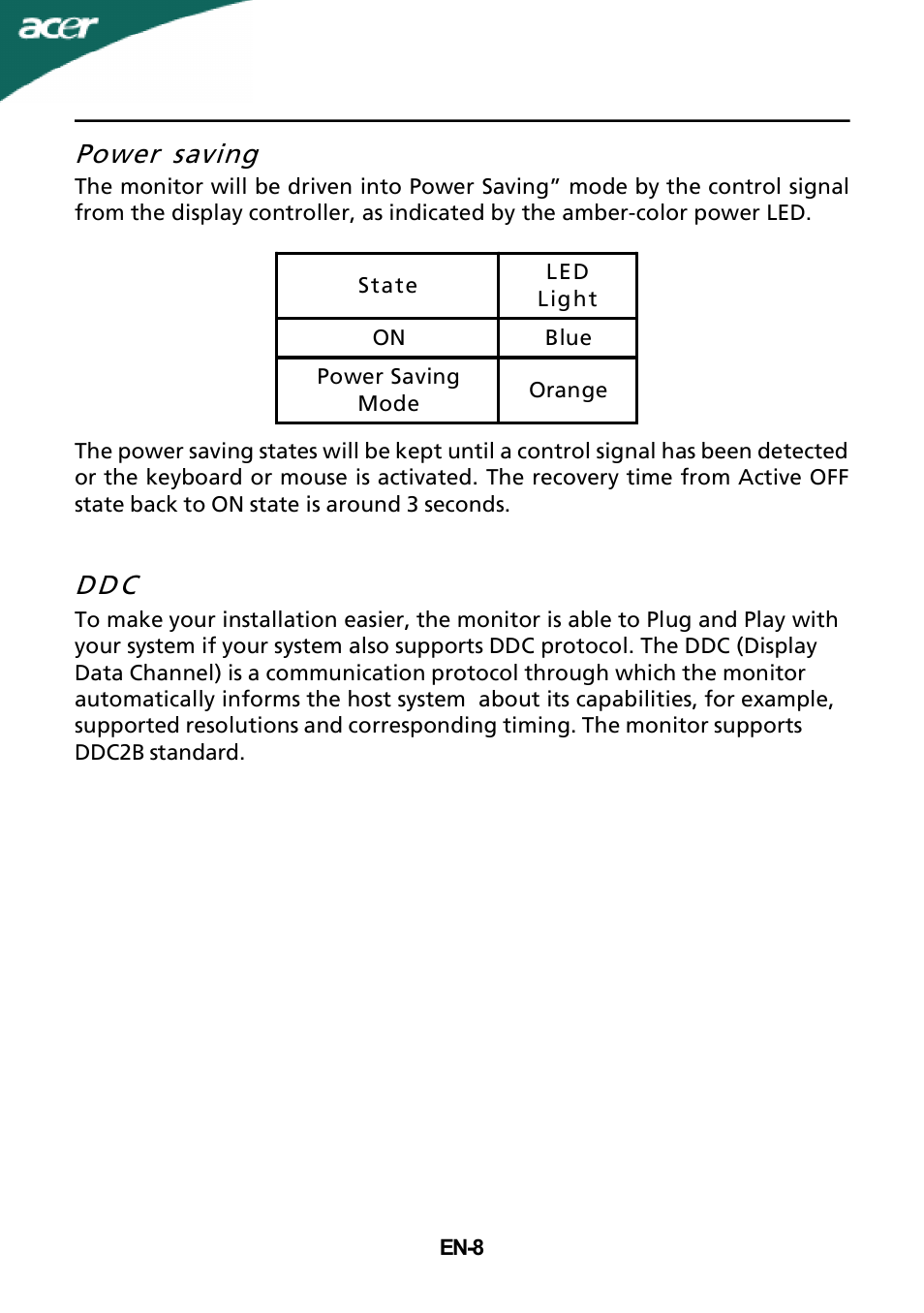 Power saving, Dd c | Acer G245HQ User Manual | Page 9 / 23