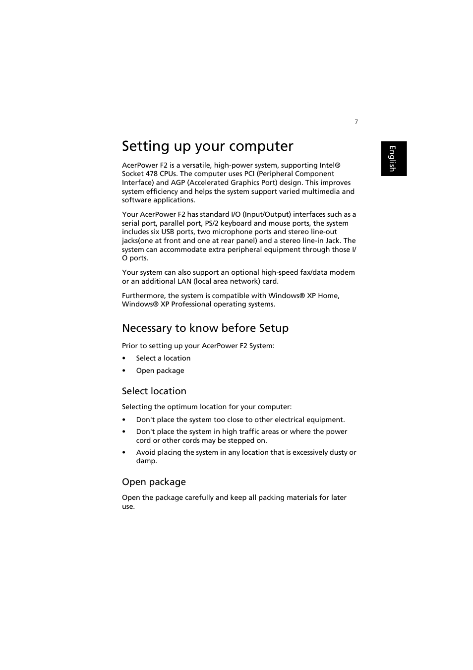Setting up your computer, Necessary to know before setup, Select location | Open package | Acer AcerPower F2 User Manual | Page 11 / 28