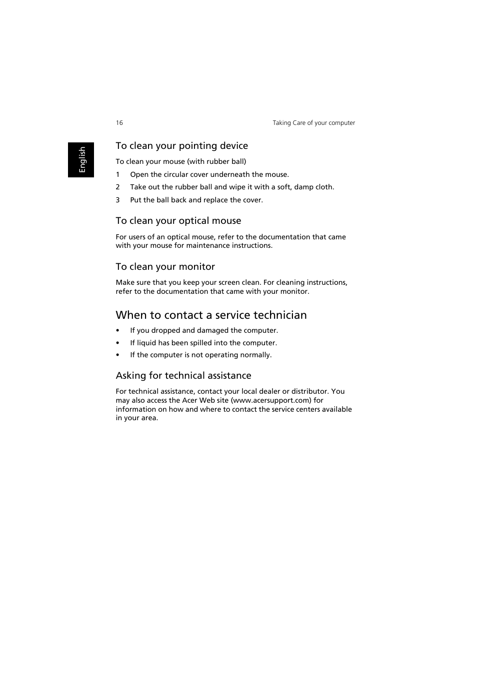 When to contact a service technician, To clean your pointing device, To clean your optical mouse | To clean your monitor, Asking for technical assistance | Acer AcerPower F2 User Manual | Page 20 / 28