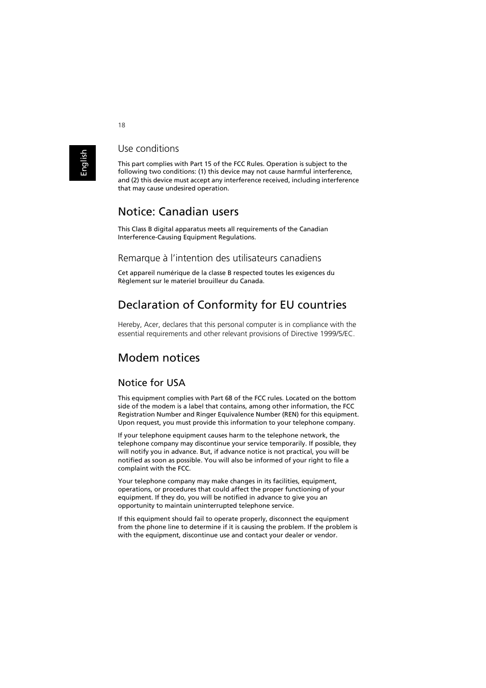 Notice: canadian users, Declaration of conformity for eu countries, Modem notices | Notice for usa, Use conditions, Remarque à l’intention des utilisateurs canadiens | Acer AcerPower F2 User Manual | Page 22 / 28