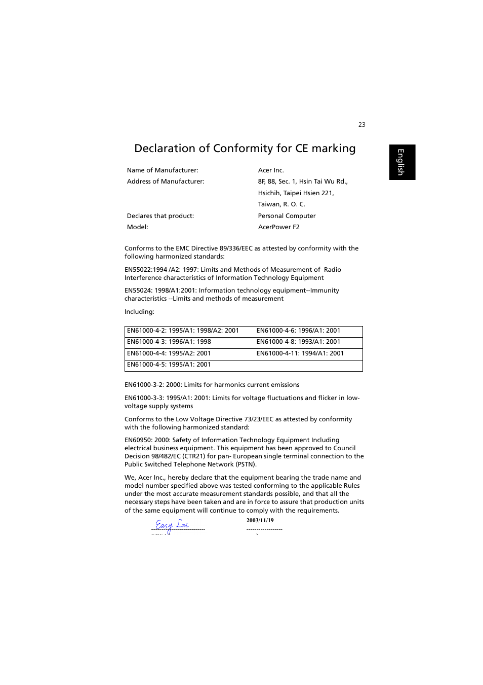 Declaration of conformity for ce marking | Acer AcerPower F2 User Manual | Page 27 / 28