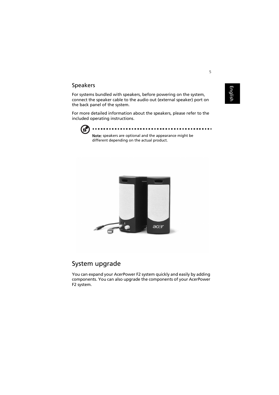 System upgrade, Speakers | Acer AcerPower F2 User Manual | Page 9 / 28