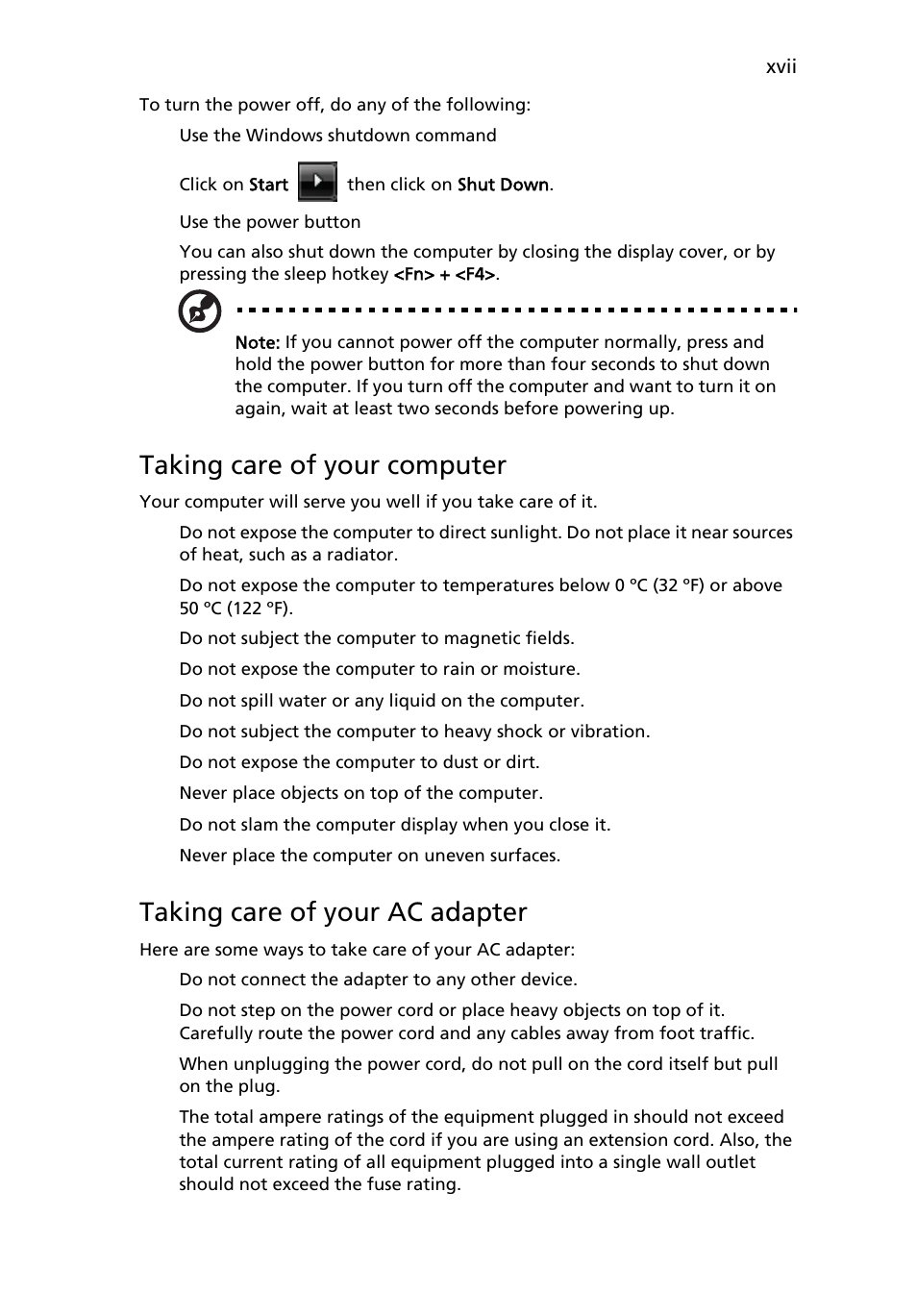 Taking care of your computer, Xvii, Taking care of your ac adapter | Acer Extensa 5010 User Manual | Page 17 / 111