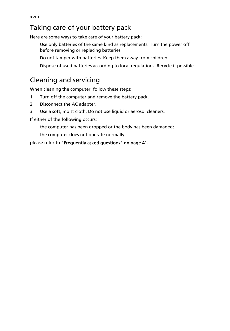 Taking care of your battery pack, Xviii, Cleaning and servicing | Acer Extensa 5010 User Manual | Page 18 / 111