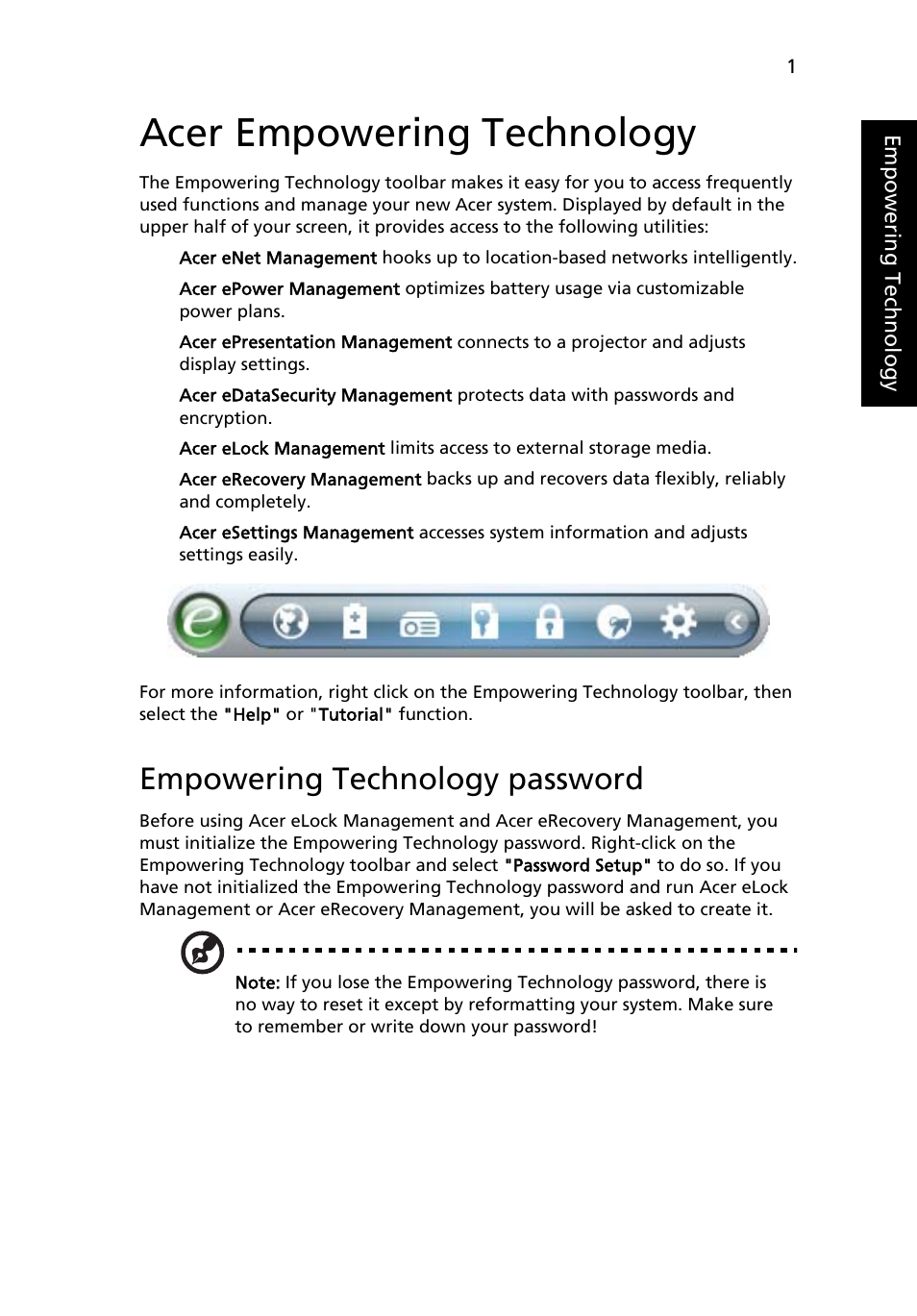 Acer empowering technology, Empowering technology password | Acer Extensa 5010 User Manual | Page 19 / 111