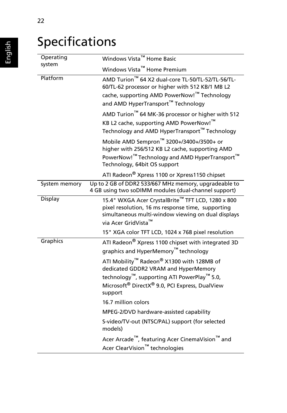 Specifications, English | Acer Extensa 5010 User Manual | Page 40 / 111