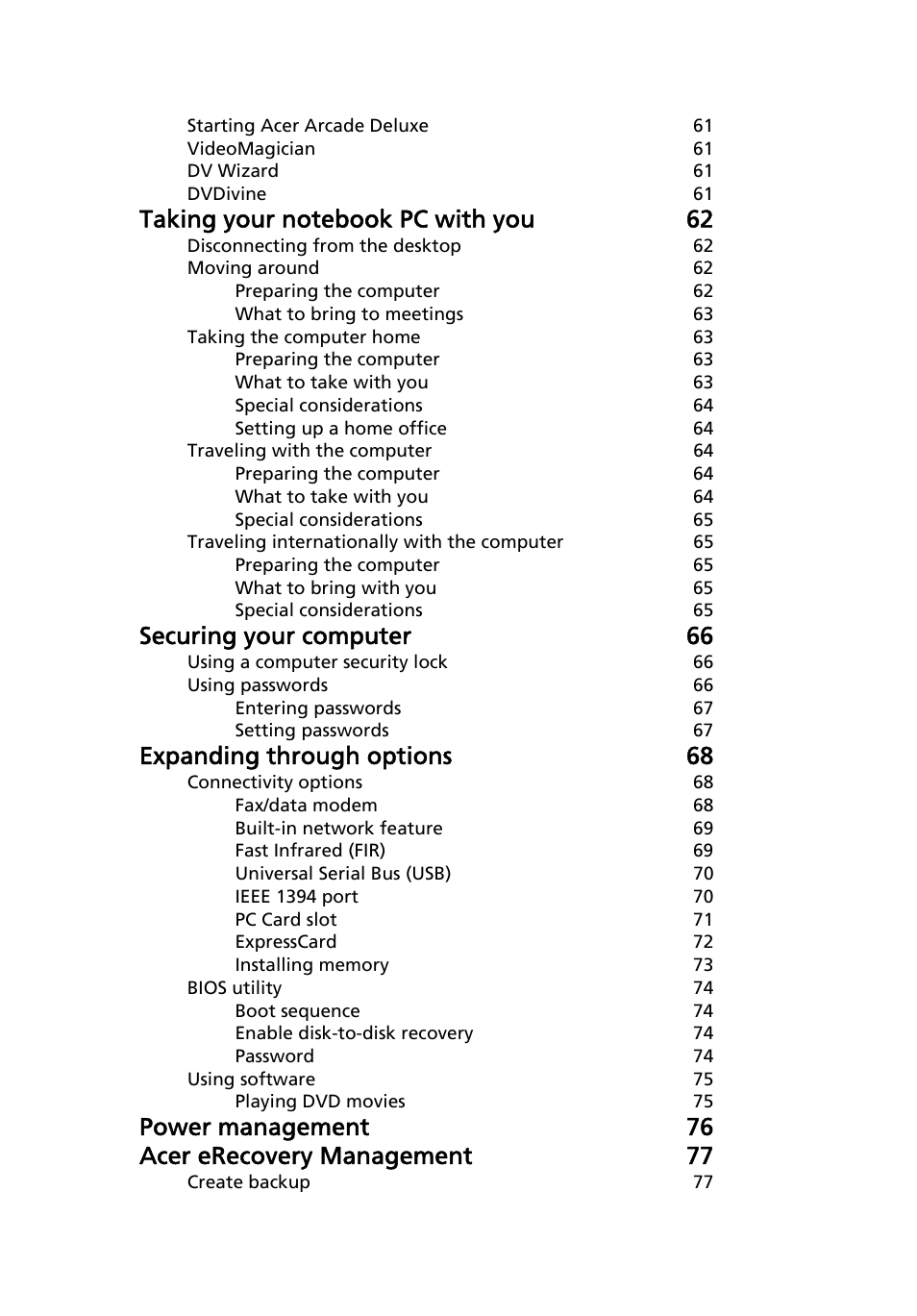 Securing your computer 66, Expanding through options 68, Power management 76 acer erecovery management 77 | Acer Extensa 5010 User Manual | Page 5 / 111