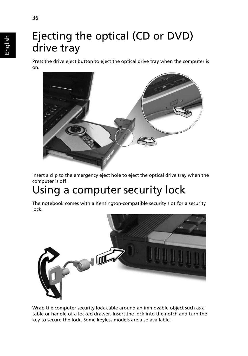 Ejecting the optical (cd or dvd) drive tray, Using a computer security lock | Acer Extensa 5010 User Manual | Page 54 / 111