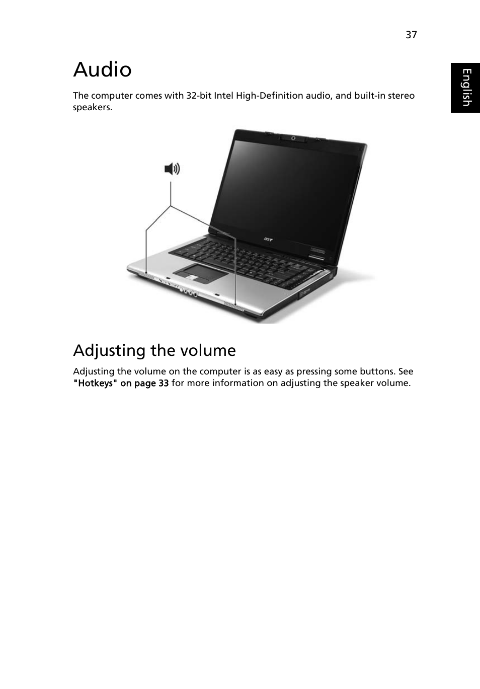 Audio, Adjusting the volume | Acer Extensa 5010 User Manual | Page 55 / 111