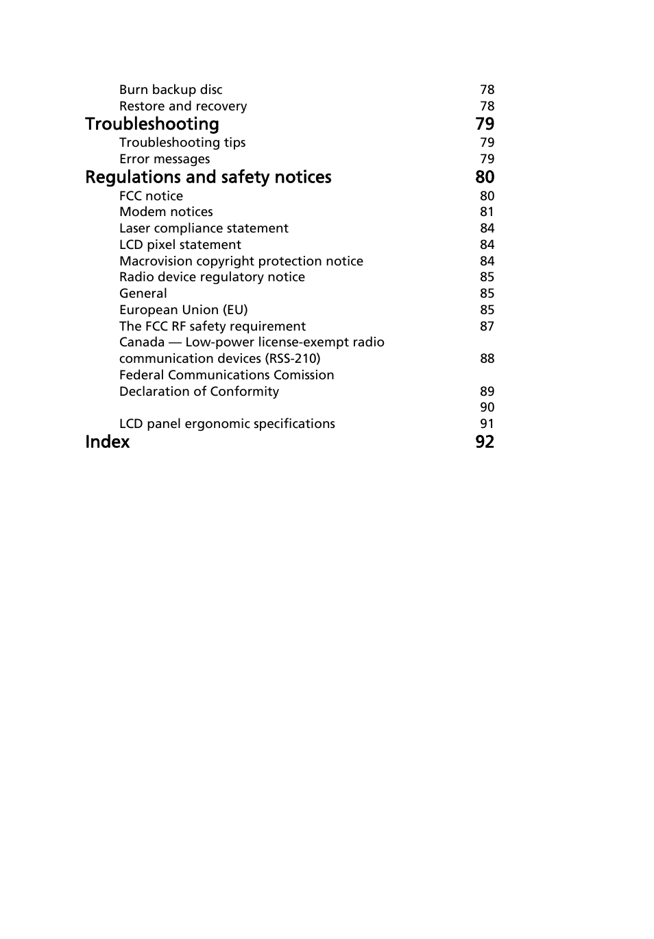 Troubleshooting 79, Regulations and safety notices 80, Index 92 | Acer Extensa 5010 User Manual | Page 6 / 111