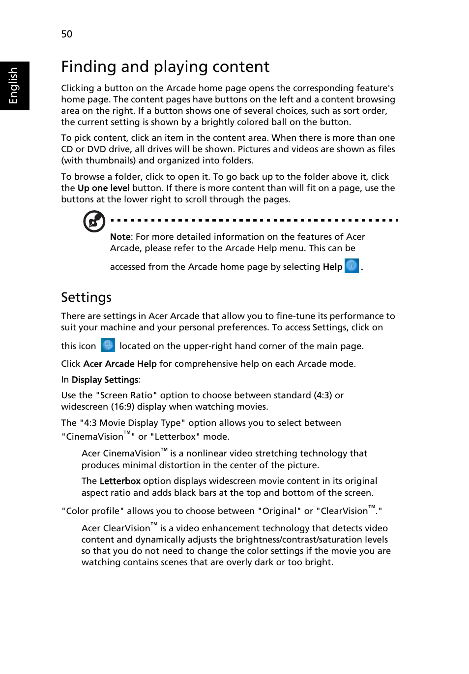 Finding and playing content, Settings | Acer Extensa 5010 User Manual | Page 68 / 111