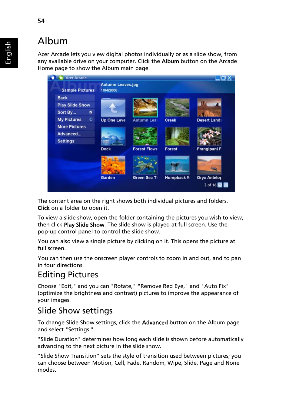 Album, Editing pictures, Slide show settings | Acer Extensa 5010 User Manual | Page 72 / 111